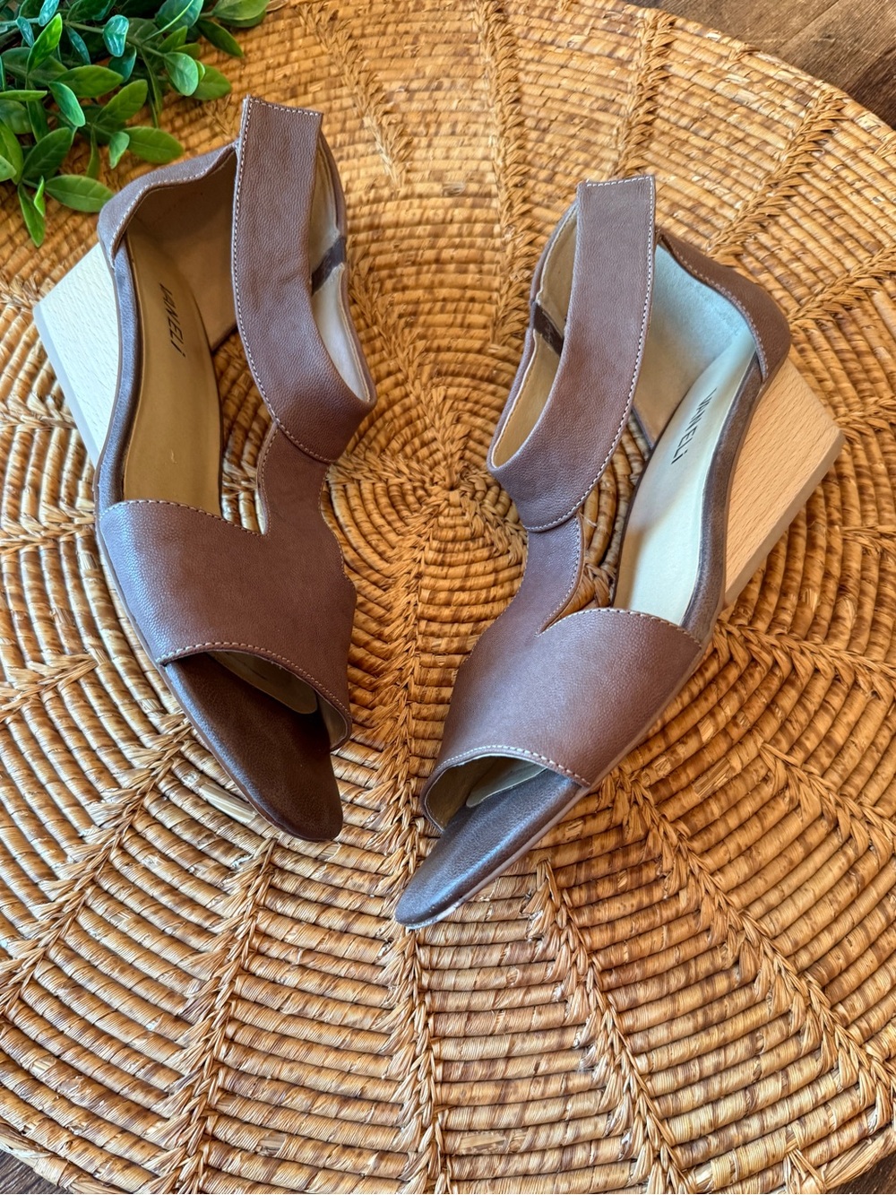 VANELI  Brown Pebbled Leather Open-Toe Wedge Sandals